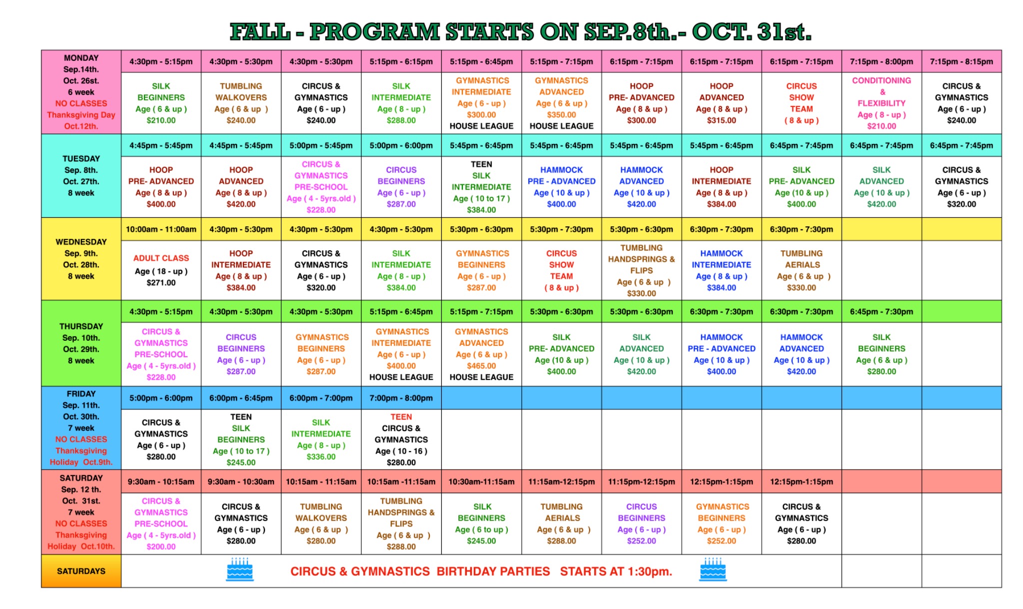 Prestige Circus and Gymnastics Fall 2026 weekly class schedule with days, times, class levels and fees