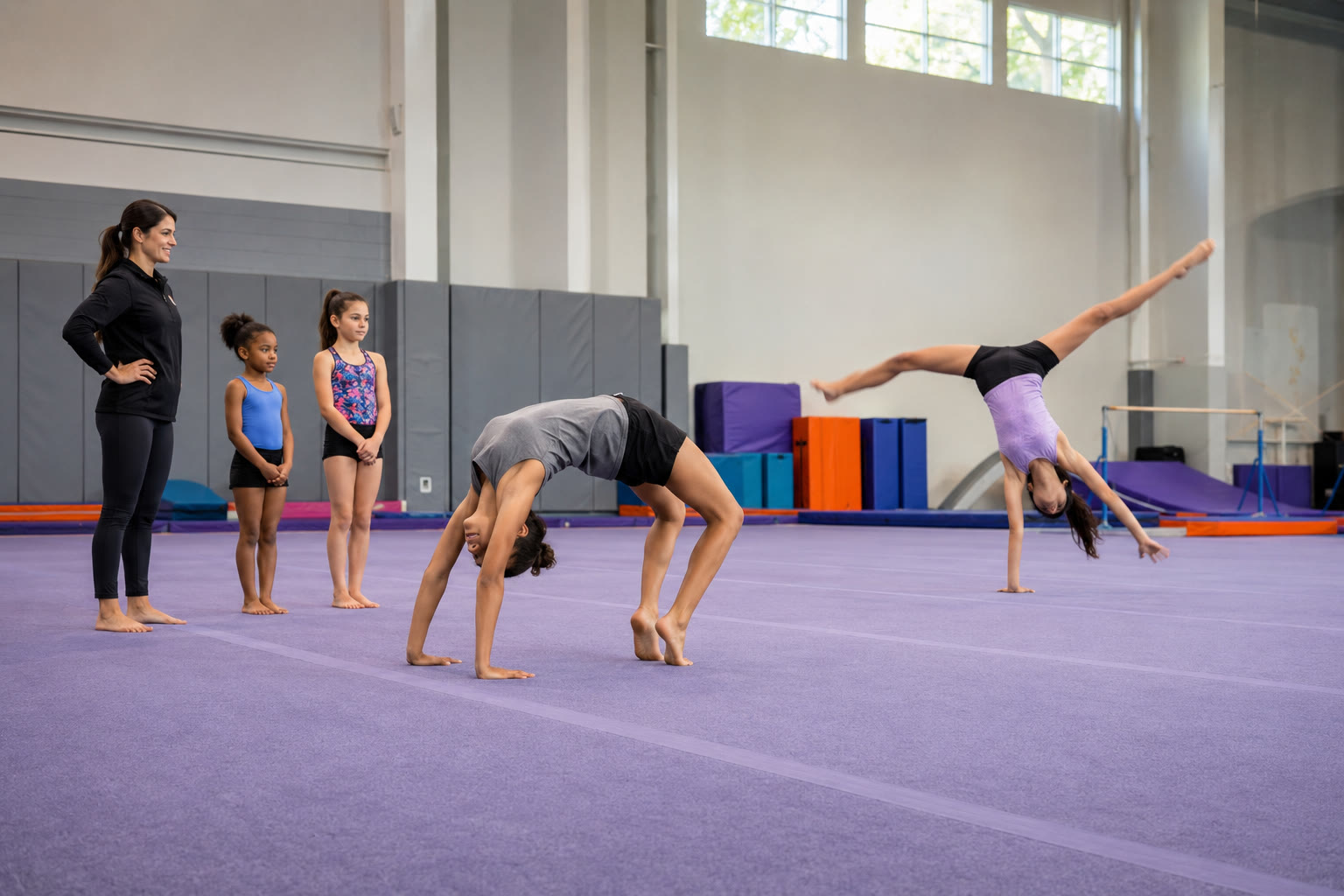 Children and teens practicing walkovers and aerial tumbling skills with coach supervision
